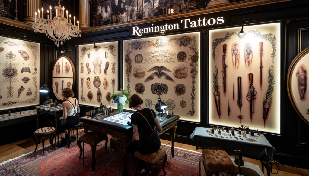 Artistic Remington tattoos in a refined tattoo parlor.