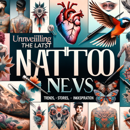 A magazine cover titled "Unveiling the Latest Tattoo News: Trends, Stories, and Inkspiration," featuring a collage of various tattoo styles.